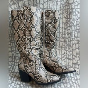 Bare straps faux snakeskin knee high boots/ size 8